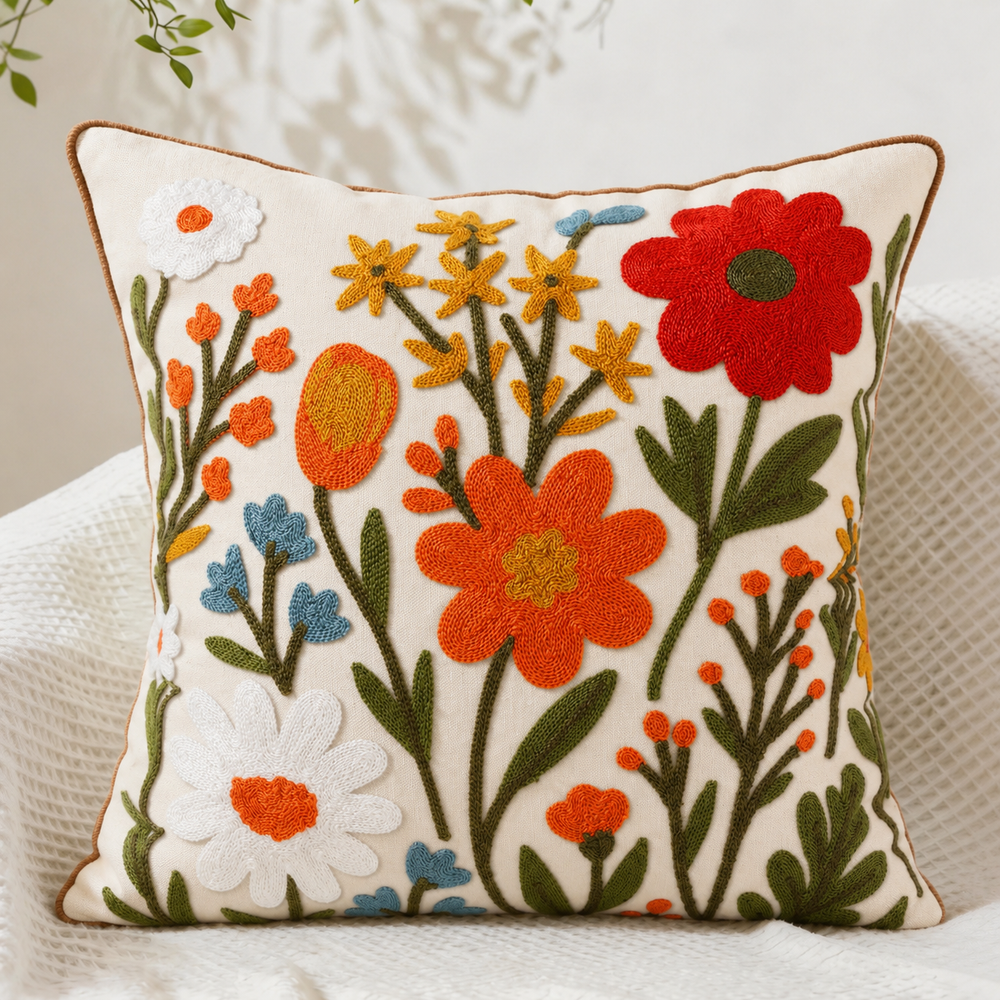 Flower Cluster Embroidered Pillow Cover – Cream / Olive, 18 x 18 in
