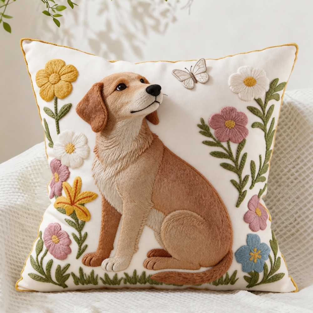 Dog Embroidered Pillow Cover – Oat / Brown, 18 x 18 in