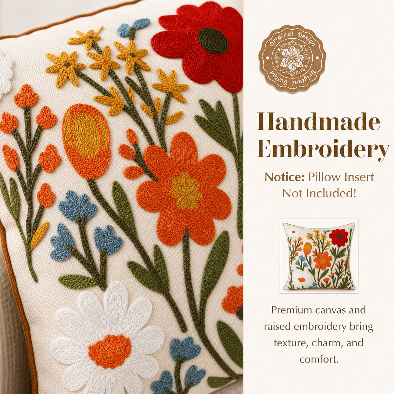 Flower Cluster Embroidered Pillow Cover – Cream / Olive, 18 x 18 in