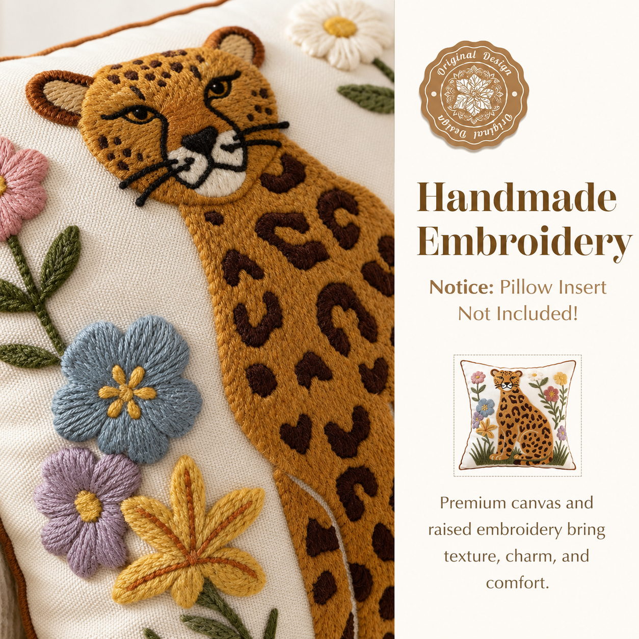 Floral Leopard Embroidered Pillow Cover – Cream / Brown, 18 x 18 in
