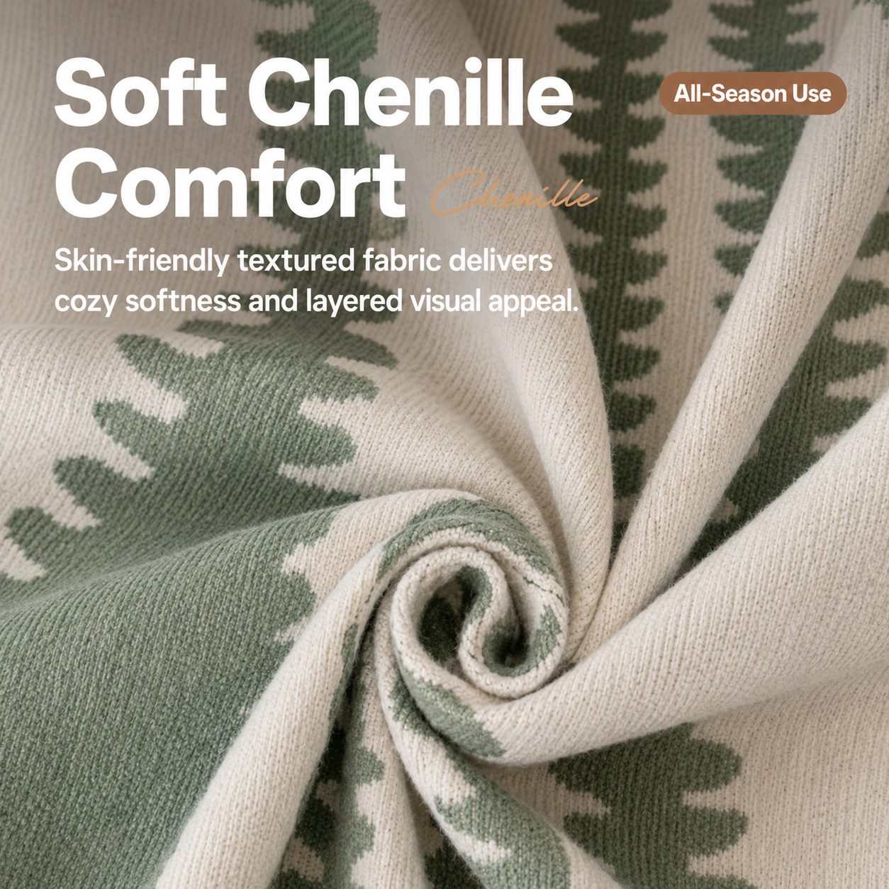 Timeless Green Chenille Sofa Throw – Sage Green / Cream, 94 x 134 in