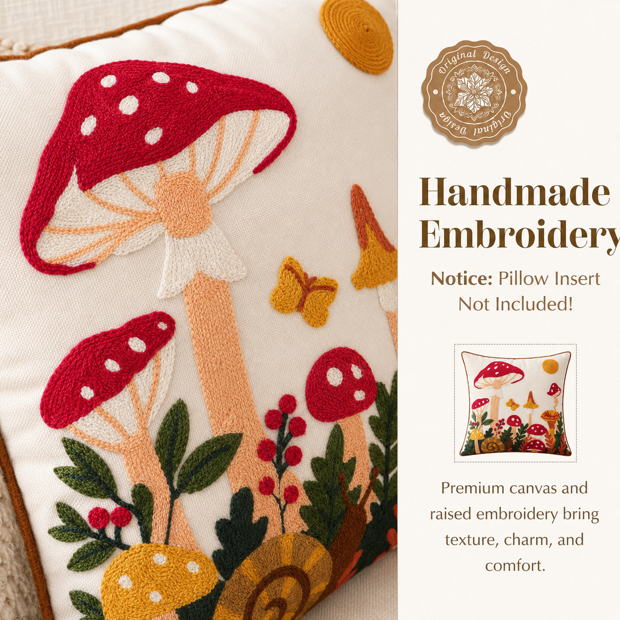 Mushroom Moon Embroidered Pillow Cover – Terracotta / Cream, 18 x 18 in