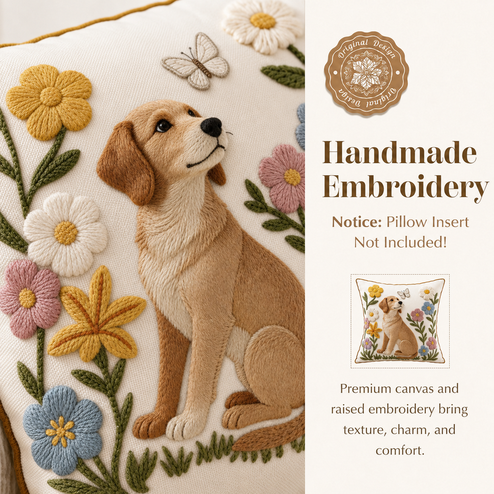 Dog Embroidered Pillow Cover – Oat / Brown, 18 x 18 in