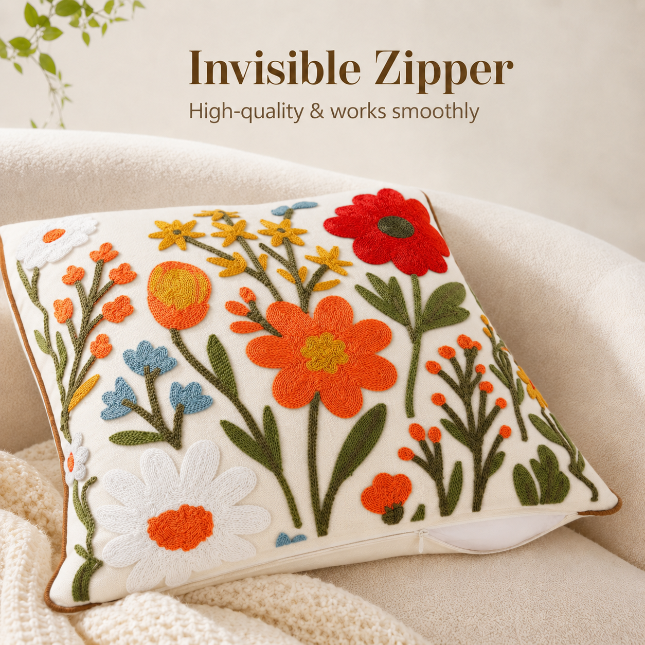 Flower Cluster Embroidered Pillow Cover – Cream / Olive, 18 x 18 in