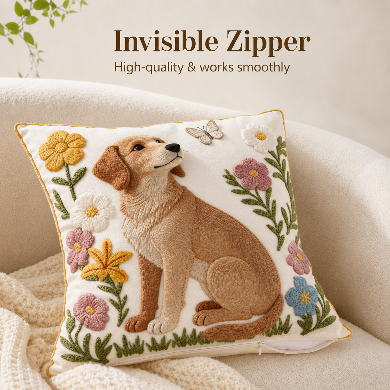 Dog Embroidered Pillow Cover – Oat / Brown, 18 x 18 in