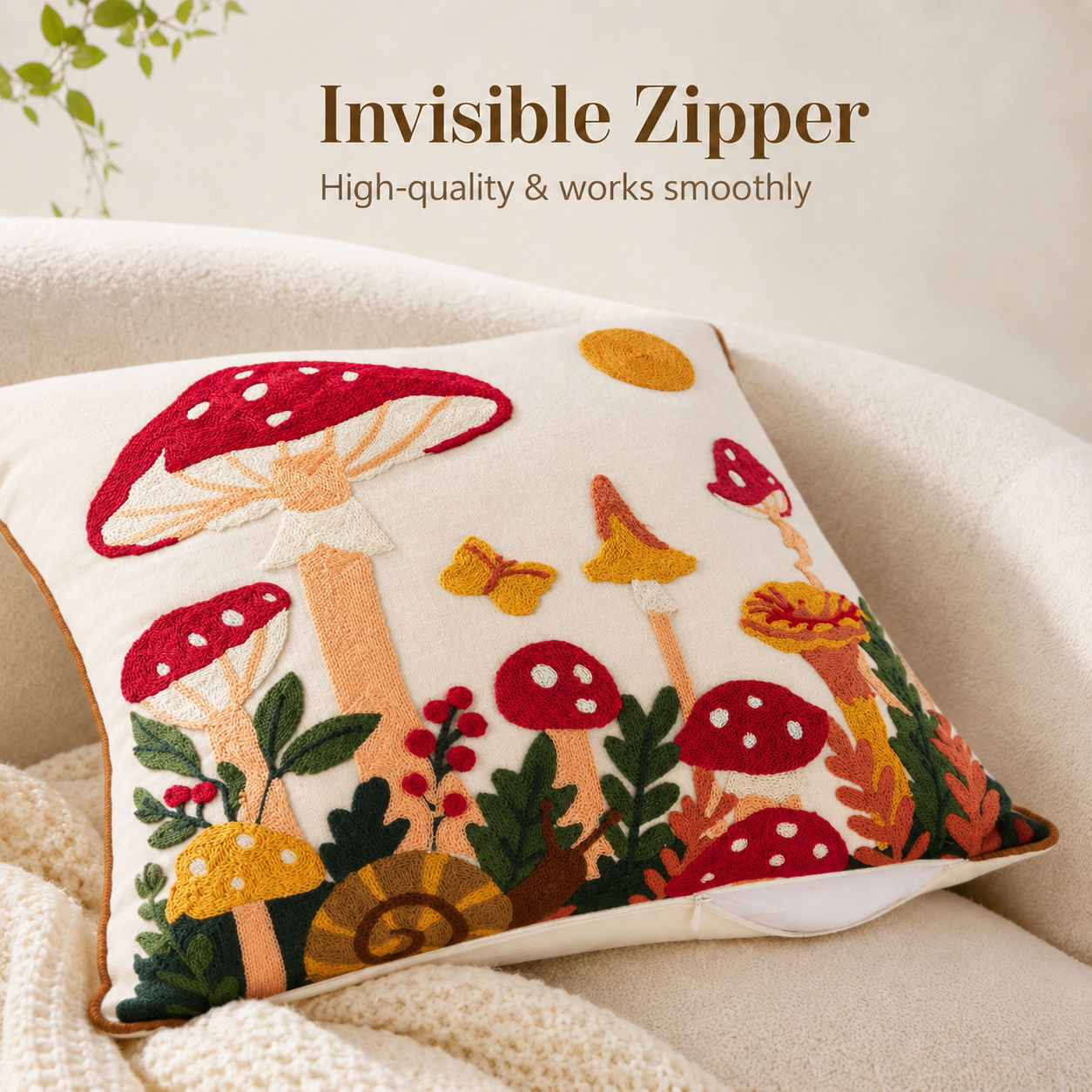 Mushroom Moon Embroidered Pillow Cover – Terracotta / Cream, 18 x 18 in