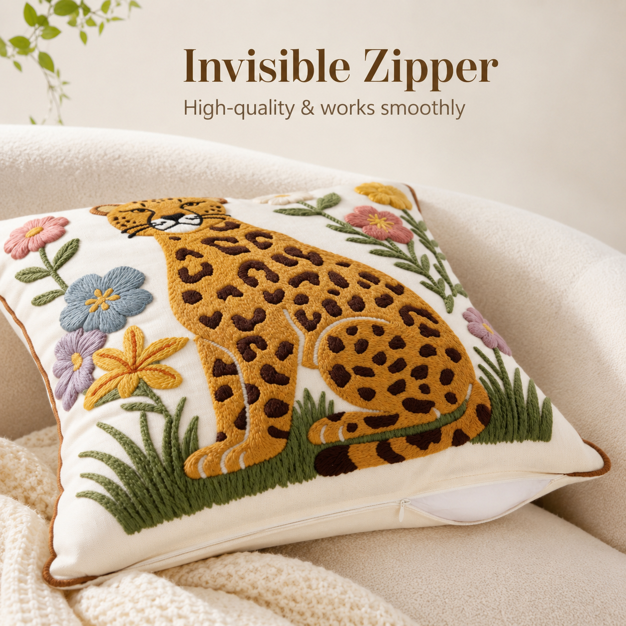 Floral Leopard Embroidered Pillow Cover – Cream / Brown, 18 x 18 in