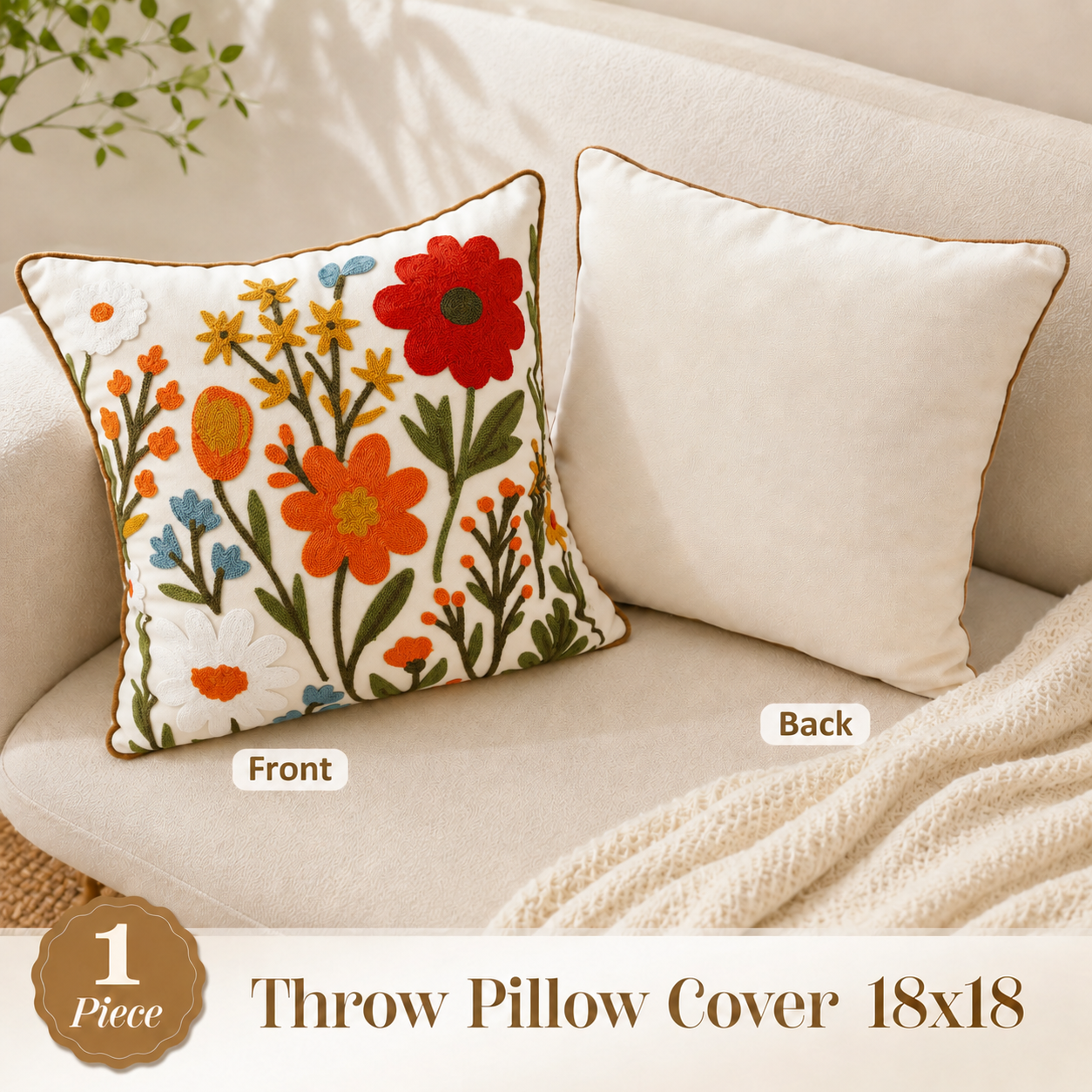 Flower Cluster Embroidered Pillow Cover – Cream / Olive, 18 x 18 in