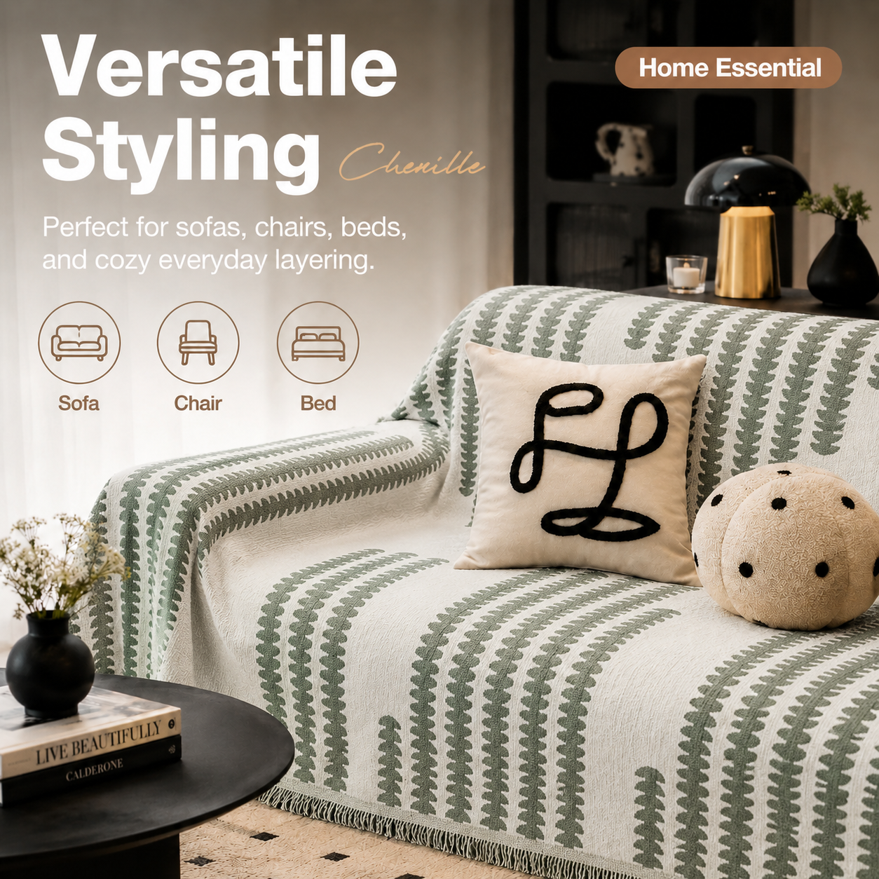 Timeless Green Chenille Sofa Throw – Sage Green / Cream, 94 x 134 in