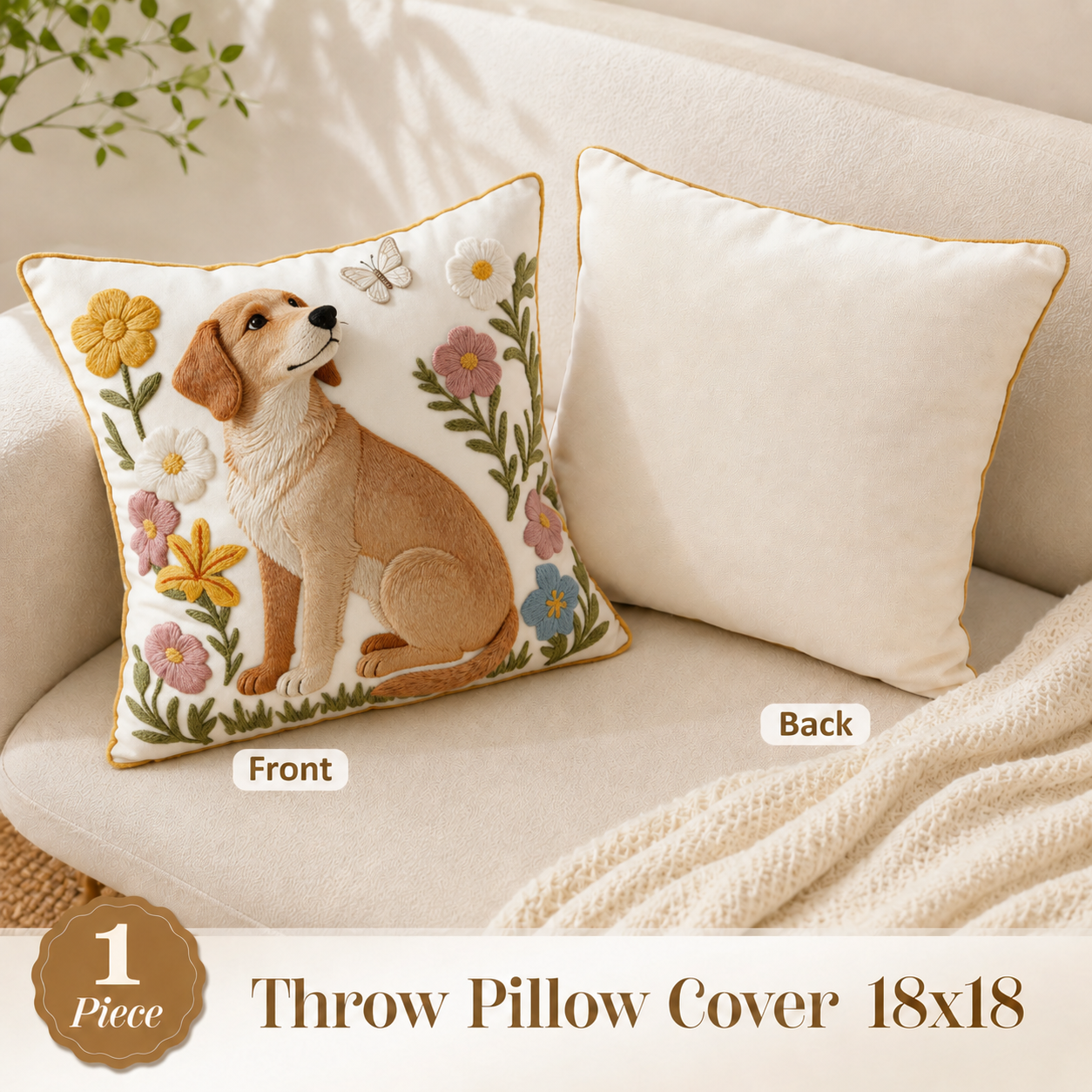 Dog Embroidered Pillow Cover – Oat / Brown, 18 x 18 in
