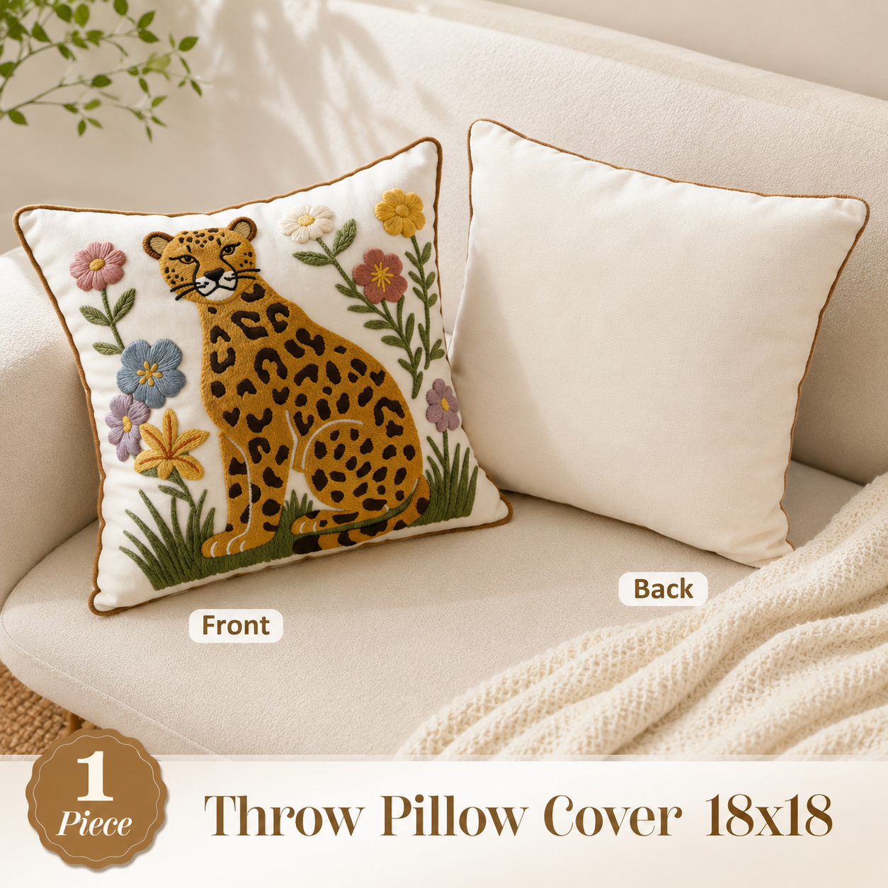 Floral Leopard Embroidered Pillow Cover – Cream / Brown, 18 x 18 in
