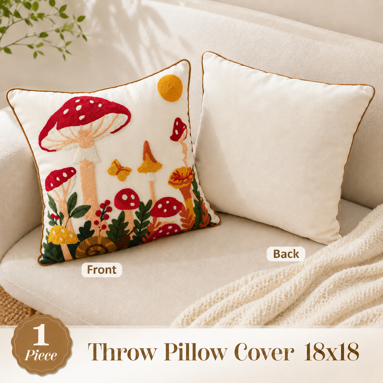 Mushroom Moon Embroidered Pillow Cover – Terracotta / Cream, 18 x 18 in