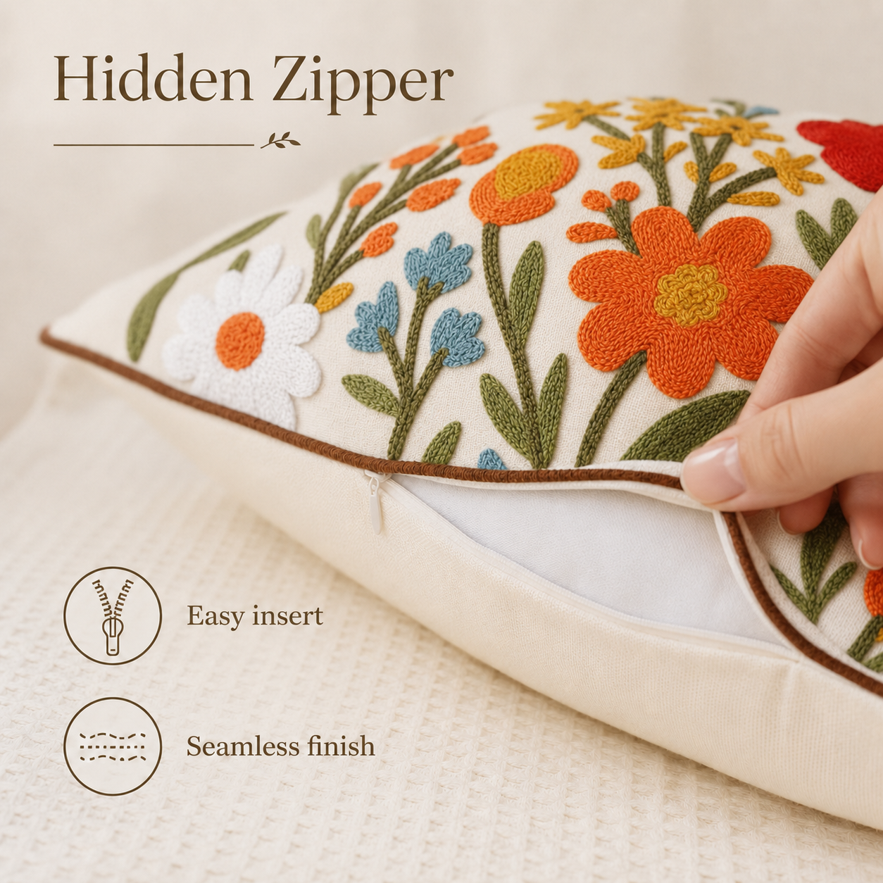 Flower Cluster Embroidered Pillow Cover – Cream / Olive, 18 x 18 in