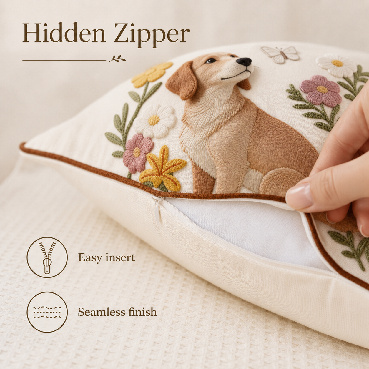 Dog Embroidered Pillow Cover – Oat / Brown, 18 x 18 in