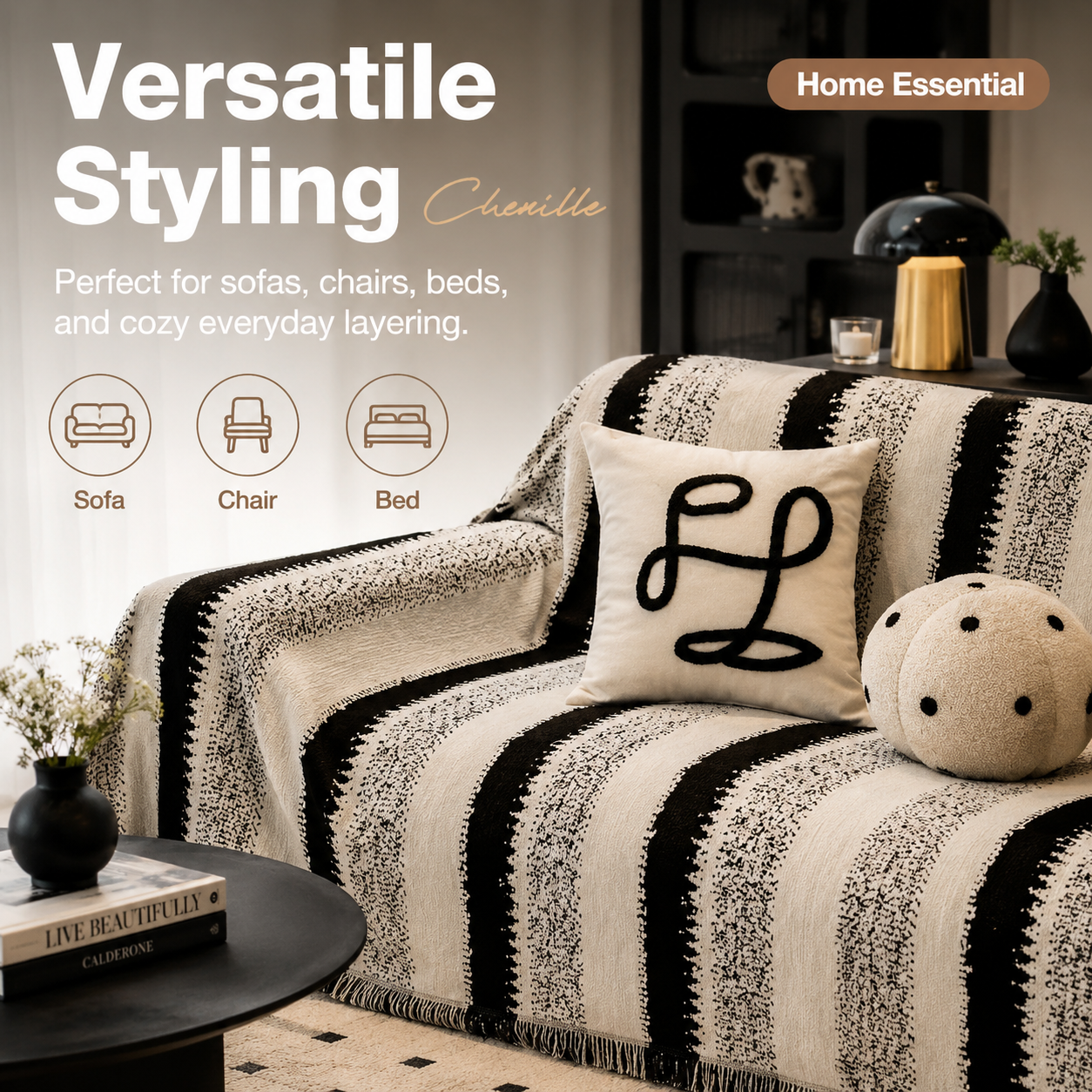 Timeless Black & White Chenille Sofa Throw – Black / White, 94 x 134 in