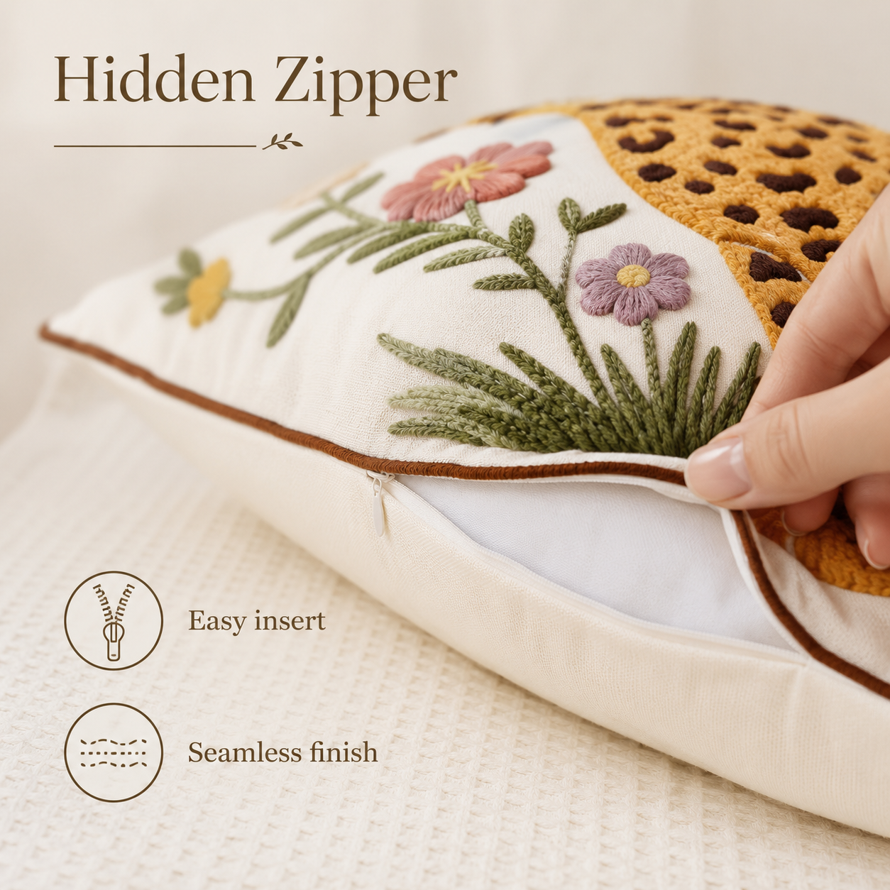 Floral Leopard Embroidered Pillow Cover – Cream / Brown, 18 x 18 in