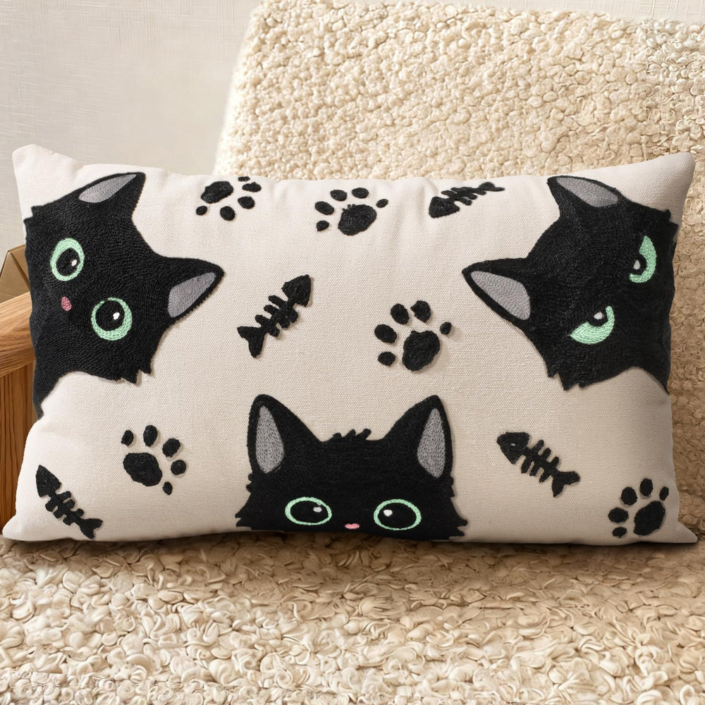 Cat Bone Embroidered Lumbar Pillow Cover – Cream / Charcoal, 12 x 20 in