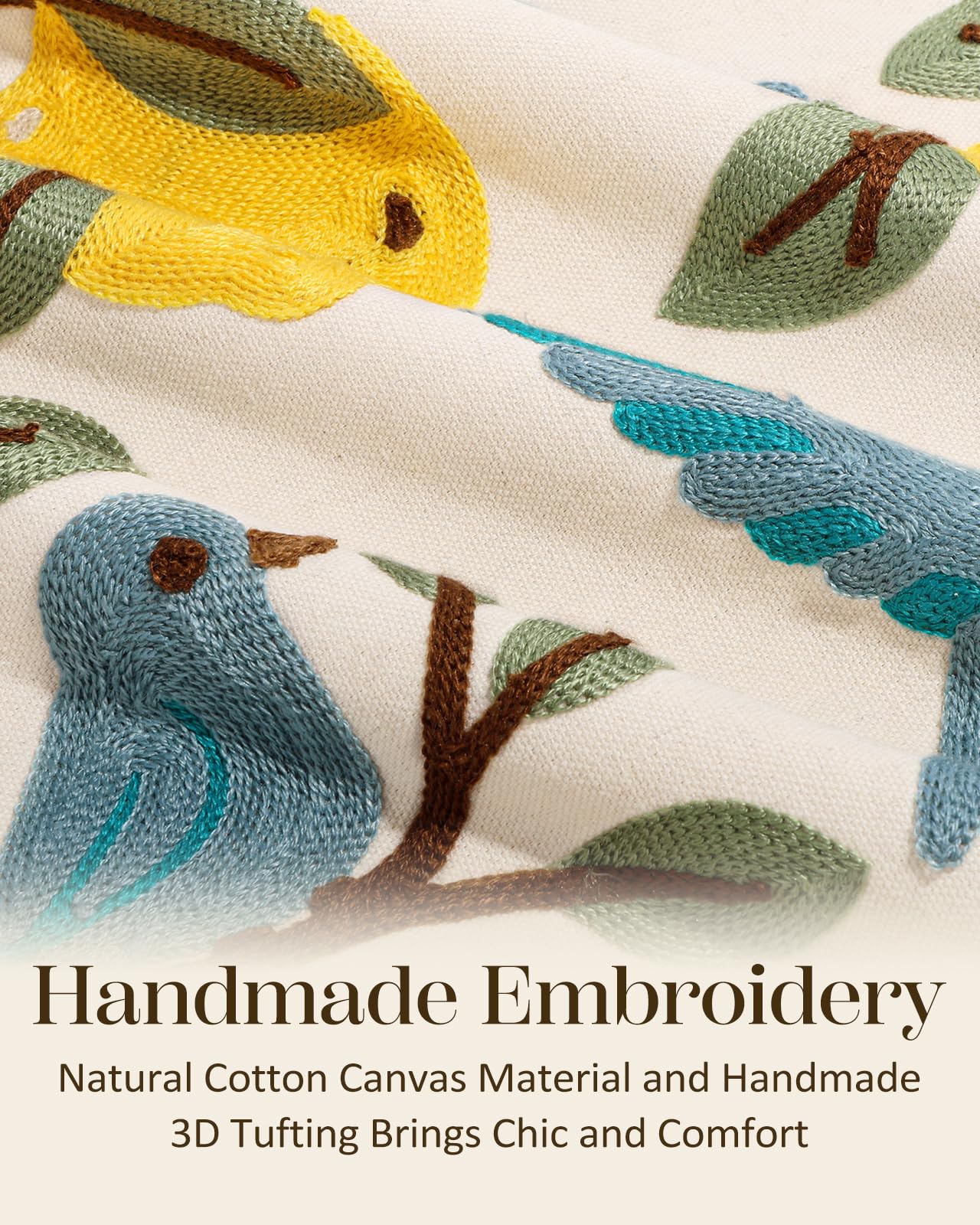 Bird Lemon Embroidered Lumbar Pillow Cover – Cream / Blue / Lemon, 12 x 20 in