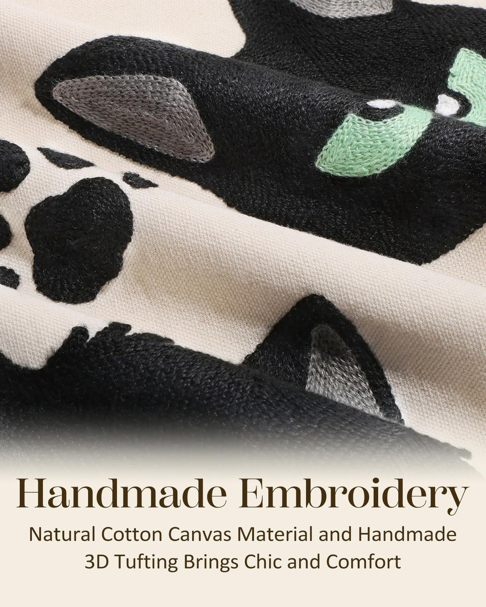 Cat Bone Embroidered Lumbar Pillow Cover – Cream / Charcoal, 12 x 20 in