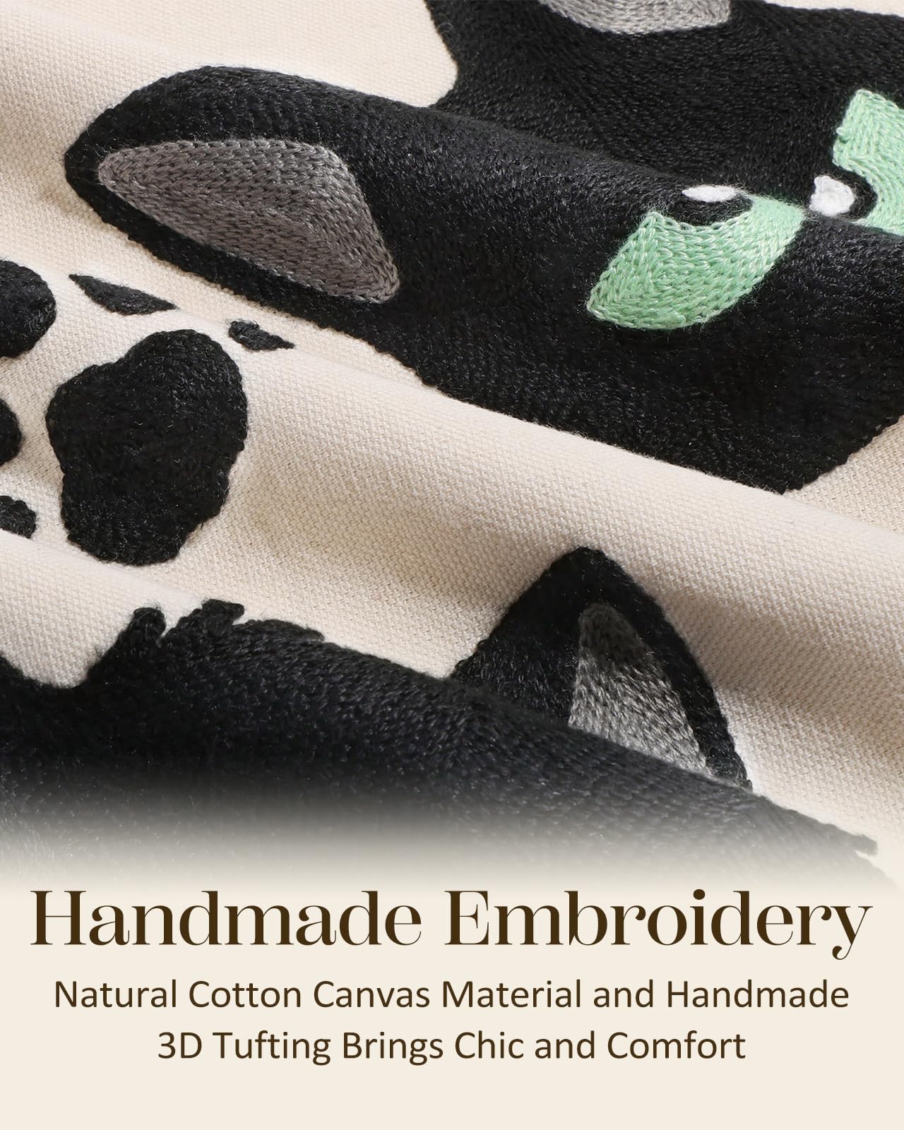 Cat Bone Embroidered Lumbar Pillow Cover – Cream / Charcoal, 12 x 20 in