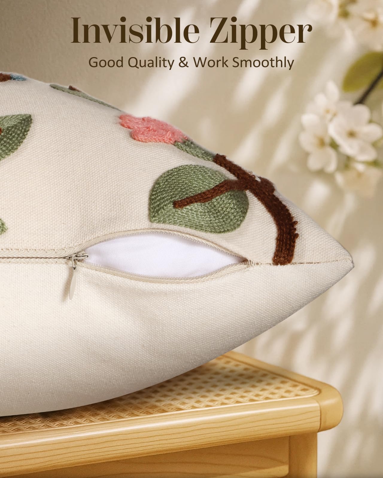 Bird Lemon Embroidered Lumbar Pillow Cover – Cream / Blue / Lemon, 12 x 20 in