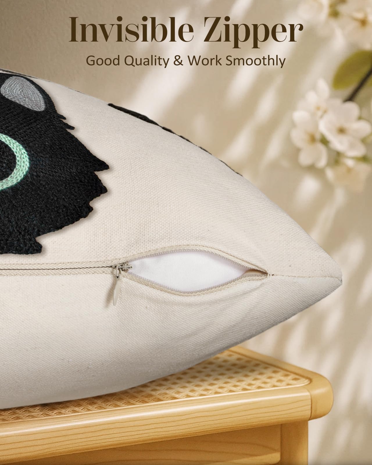 Cat Bone Embroidered Lumbar Pillow Cover – Cream / Charcoal, 12 x 20 in