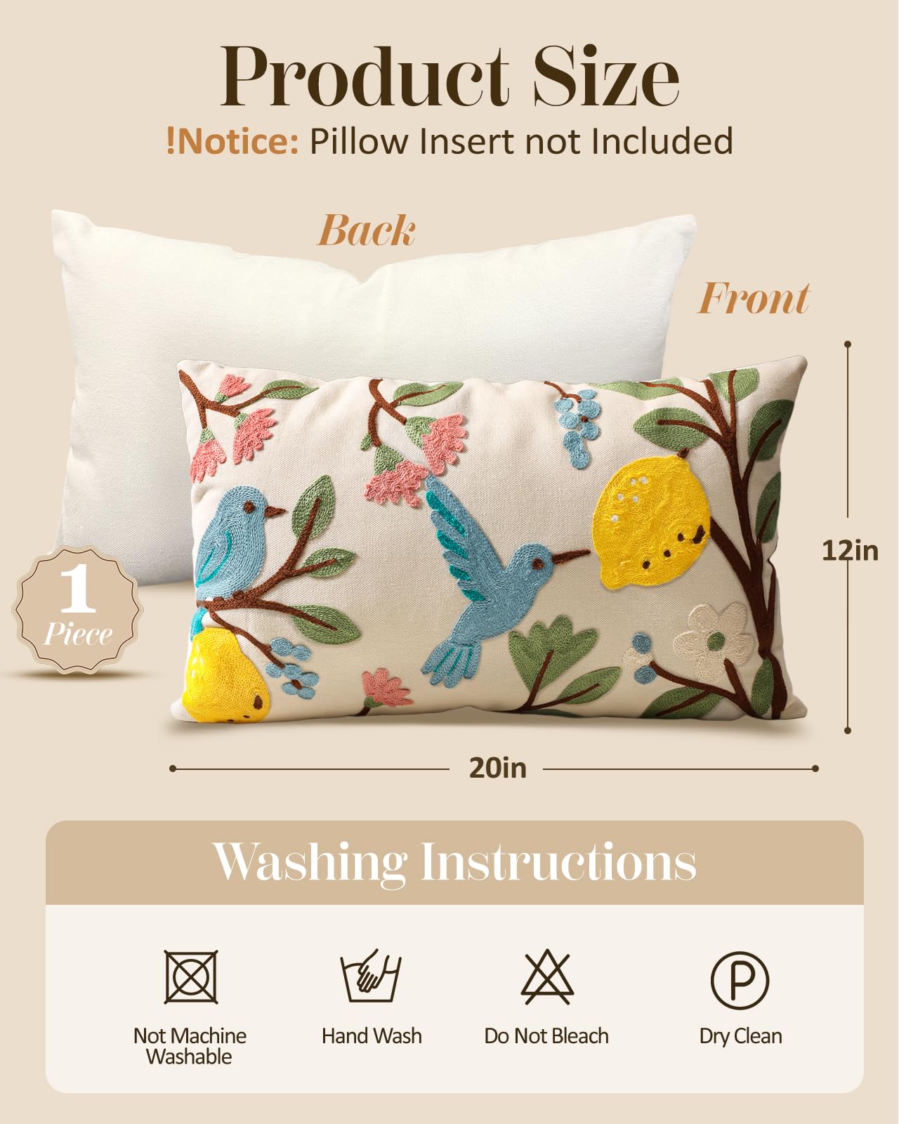 Bird Lemon Embroidered Lumbar Pillow Cover – Cream / Blue / Lemon, 12 x 20 in