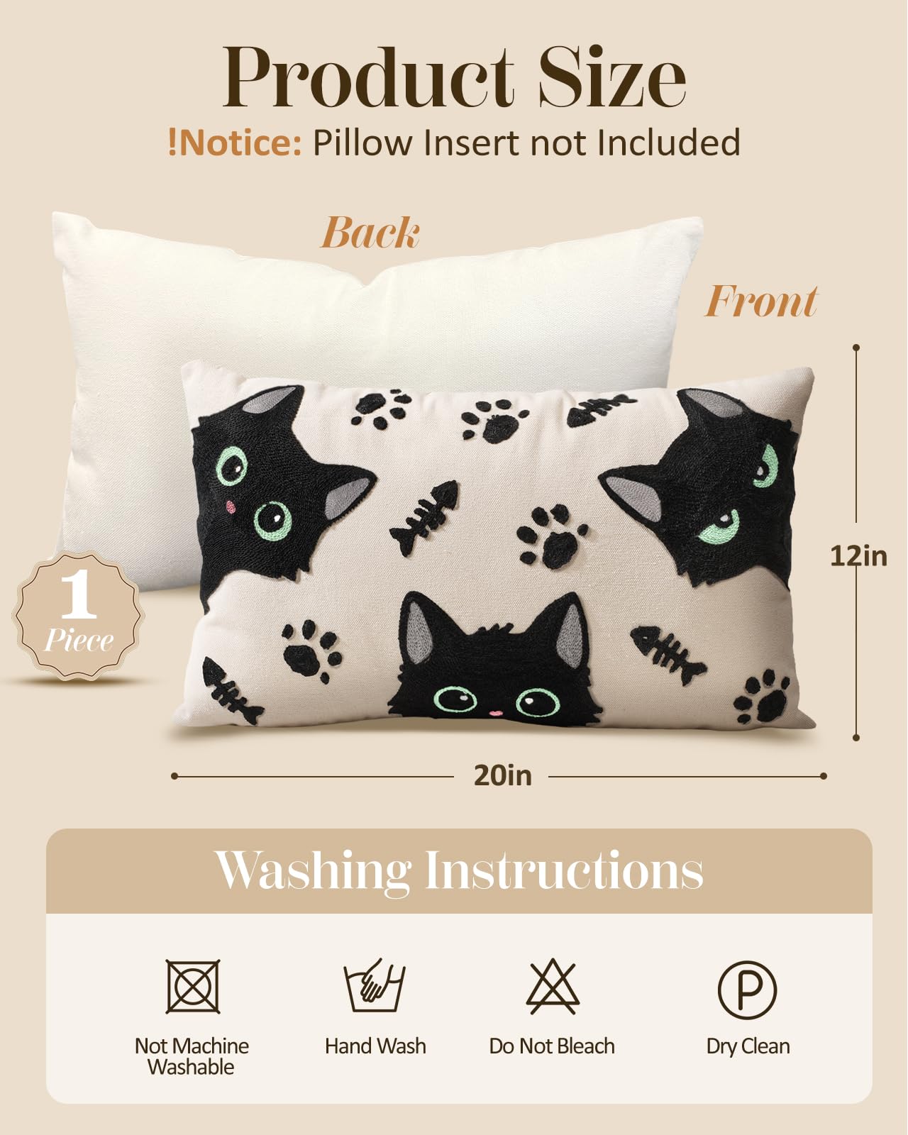 Cat Bone Embroidered Lumbar Pillow Cover – Cream / Charcoal, 12 x 20 in