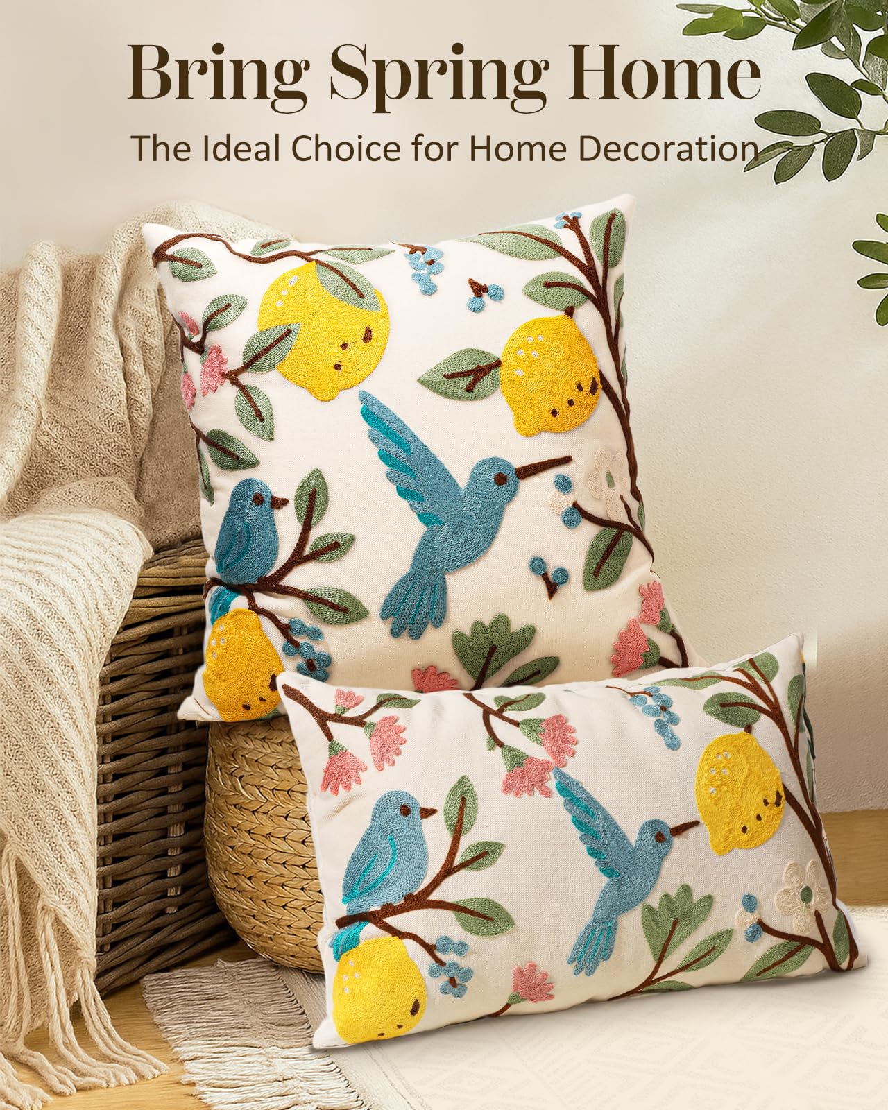Bird Lemon Embroidered Lumbar Pillow Cover – Cream / Blue / Lemon, 12 x 20 in