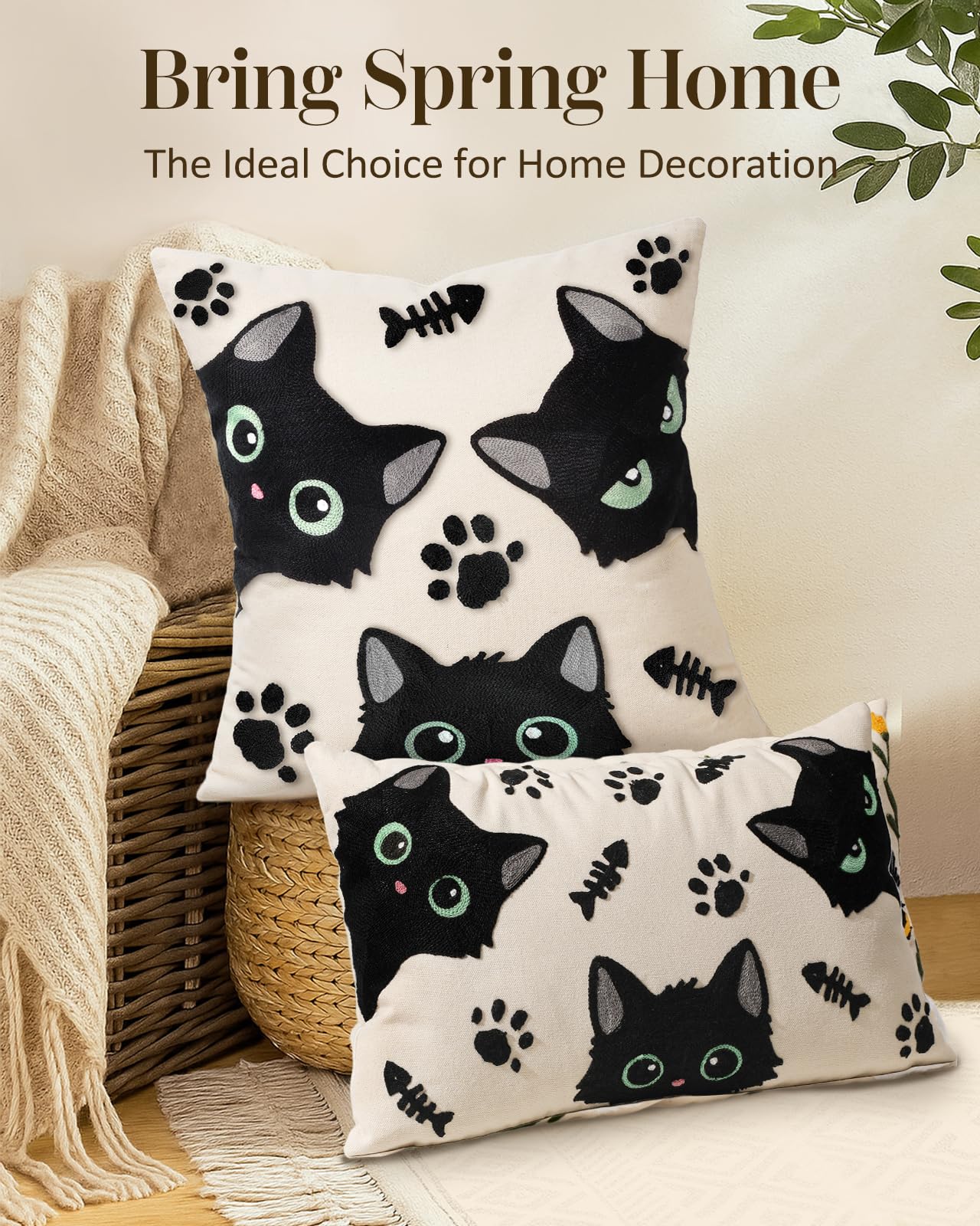 Cat Bone Embroidered Lumbar Pillow Cover – Cream / Charcoal, 12 x 20 in