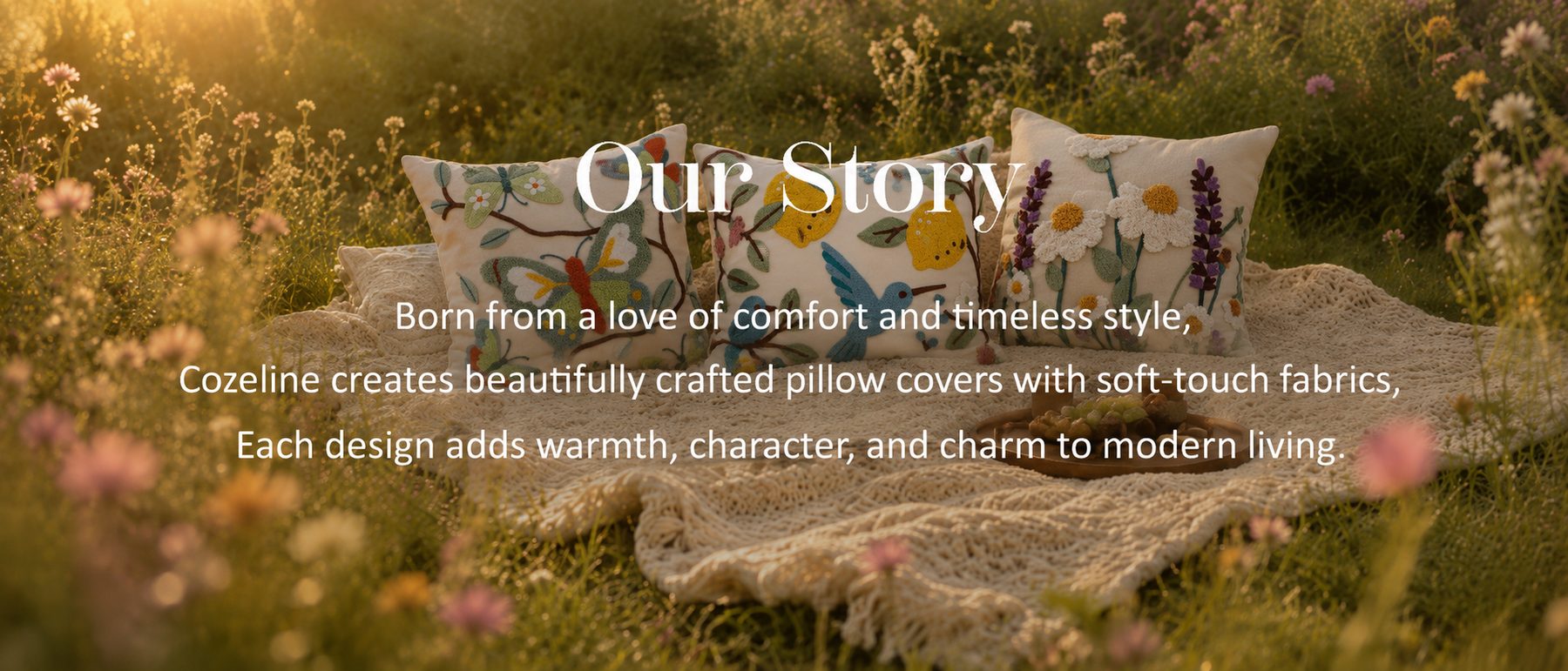 Cozeline brand story and embroidered home textile details