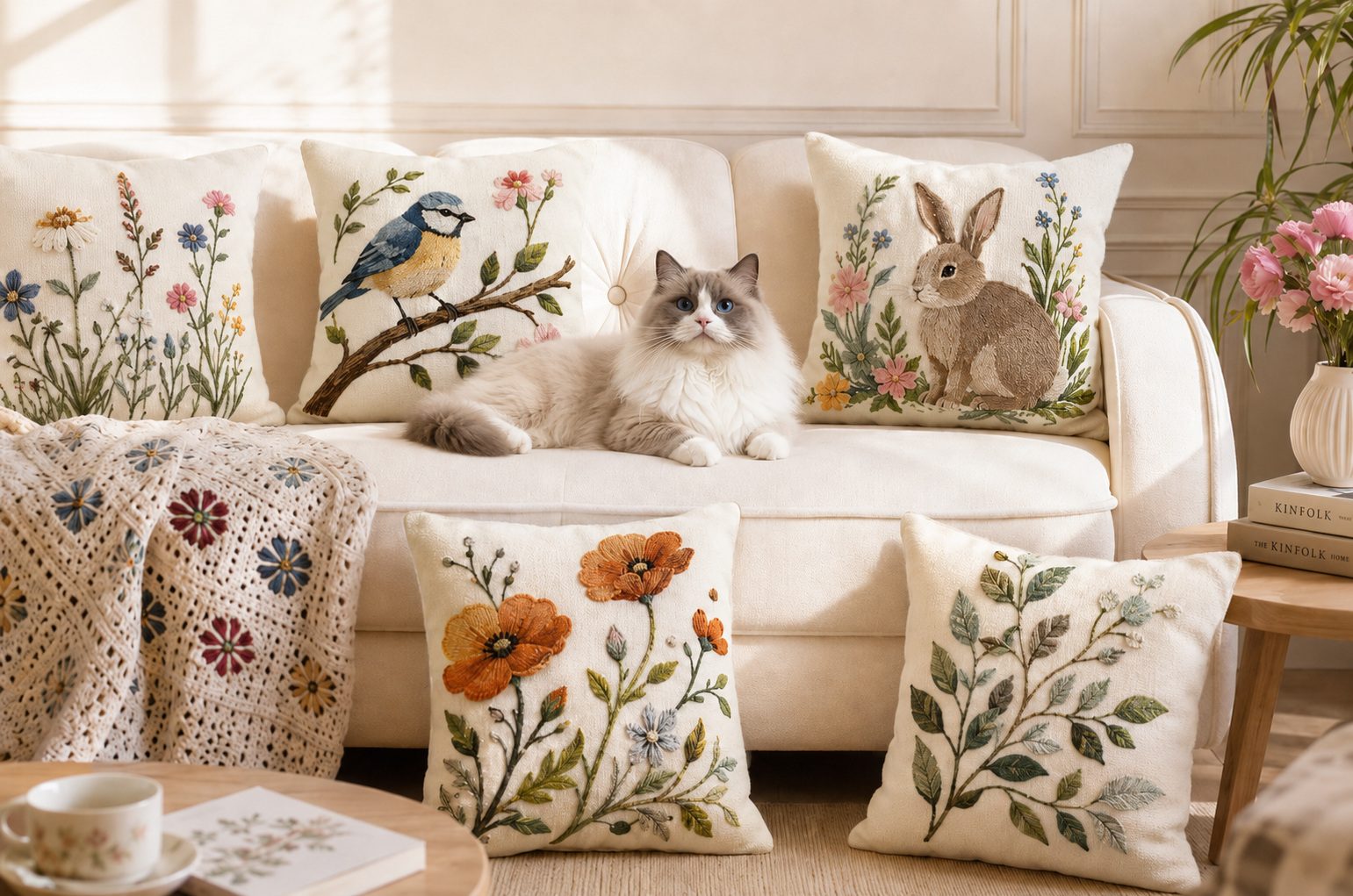 Embroidered pillow covers styled in a living room