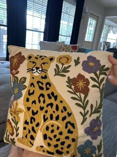 Floral Leopard embroidered pillow cover in a real home